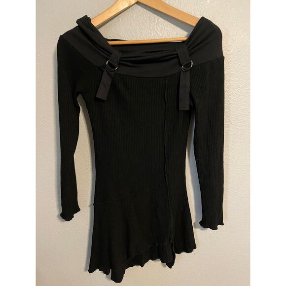 DZ Dress Womens Medium Black Off Shoulder Long Sleeve Asymmetrical D-Ring USA - Picture 1 of 7